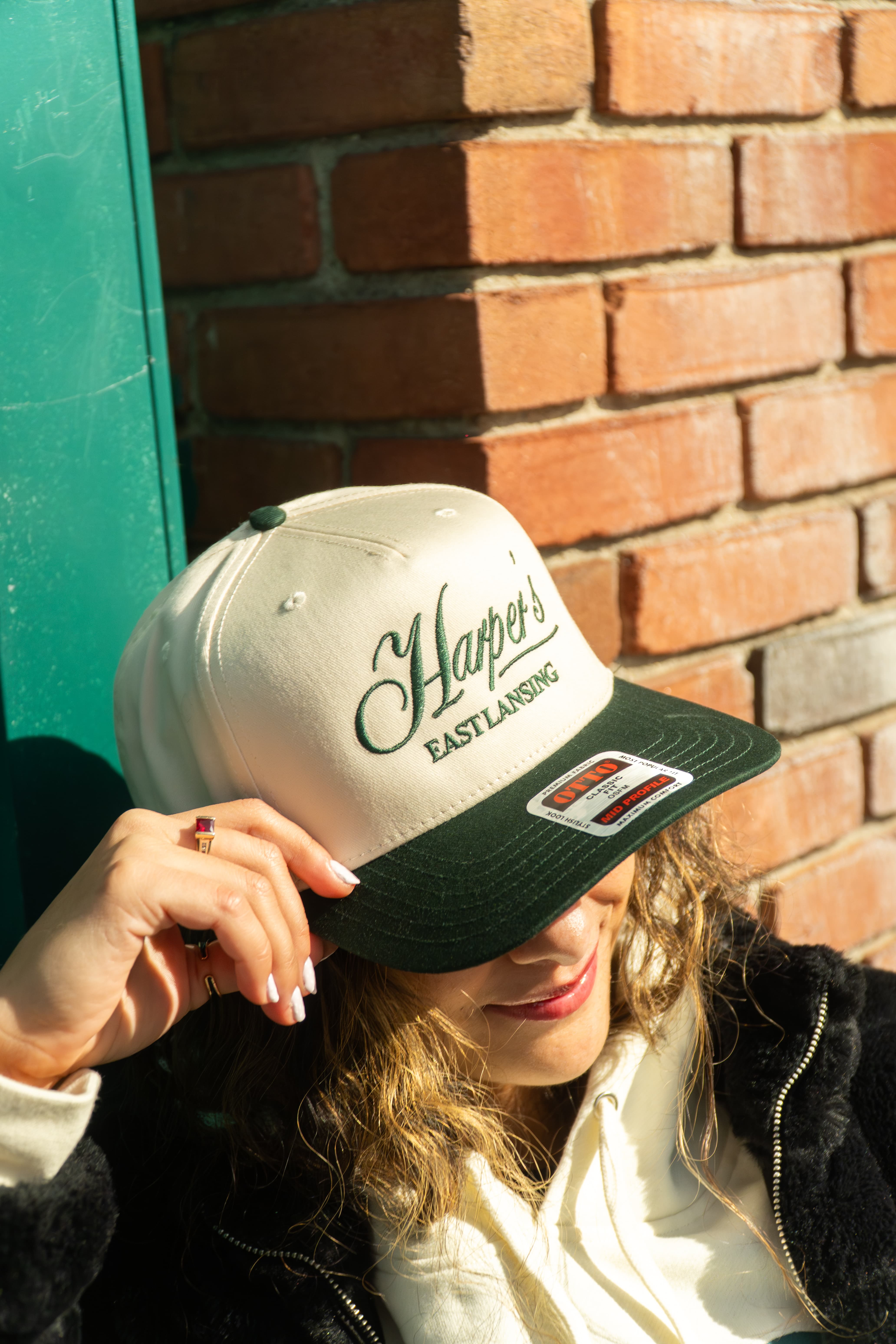 Harper's Restaurant & Brewpub snapback hat  cream and green East Lansing merch